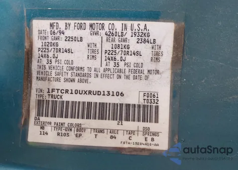 1994 Ford Ranger z USA, uszkodzony, nr VIN 1FTCR10UXRUD13106